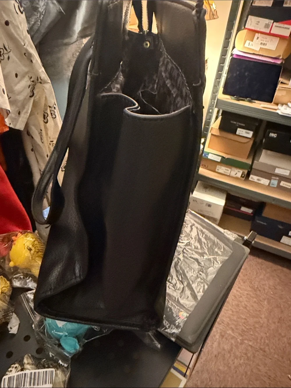 London Fog Black Leather Brief Tote with Front Buckle Pocket